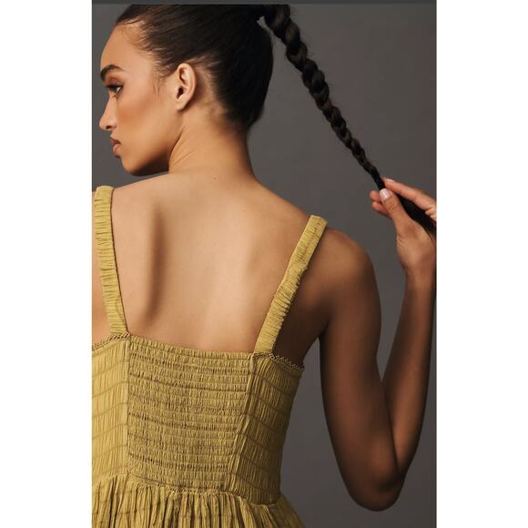 NWT Anthropologie Gold Yellow Smocked Midi Dress - XS Petite - Picture 2 of 7